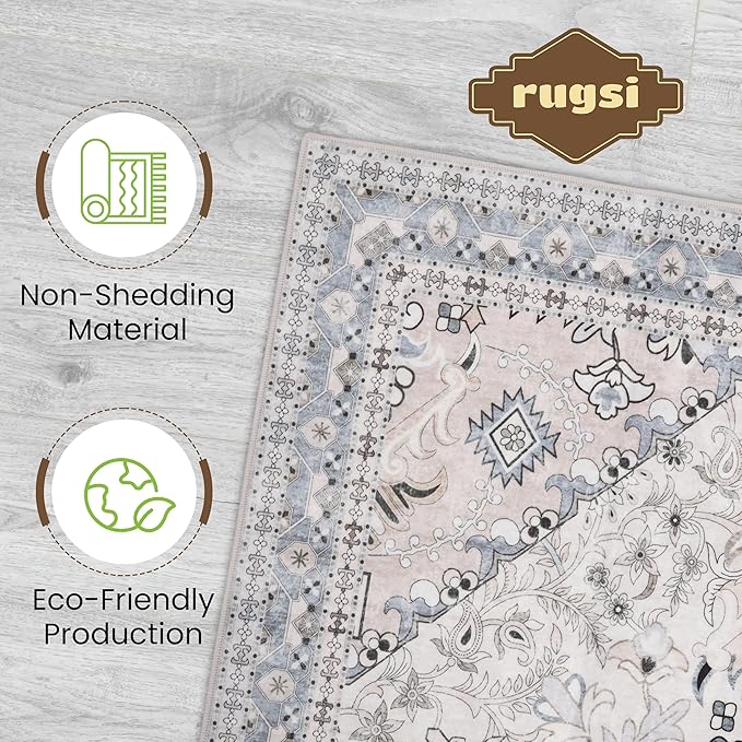 Washable Entryway Rug 3x5 | Non Slip Rug Runners for Hallways, Entryways, Kitchens, Bathrooms, Bedrooms | Ultra-Soft Flannel Carpet Kitchen Rug with Rubber Backing (Beige Blue, 3x5)