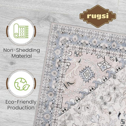 Washable Entryway Rug 3x5 | Non Slip Rug Runners for Hallways, Entryways, Kitchens, Bathrooms, Bedrooms | Ultra-Soft Flannel Carpet Kitchen Rug with Rubber Backing (Beige Blue, 3x5)