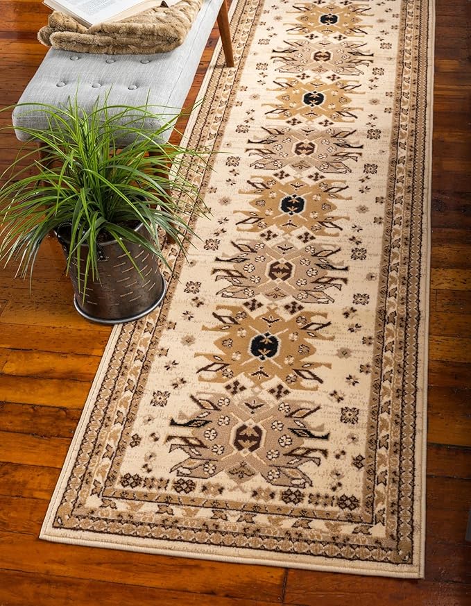 Unique Loom Taftan Collection Border Geometric Tribal Inspired Design Area Rug (2' 7 x 10' 0 Runner, Ivory/ Tan)