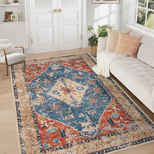Area Rug 5x7 Washable Rug, Vintage Boho Medallion Rugs Non-Slip Soft Low Pile Large Distressed Rug Indoor Retro Carpet for Living Room Bedroom Dining Room Home Office (Tribal Medallion/Multi, 5'x7')