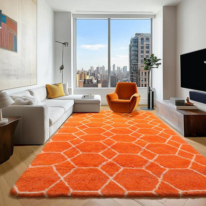 ONASAR Rugs for Living Room Bedroom, 5x8 Washable Fluffy Orange and White Area Rug, Geometric Boho Soft Plush Shaggy Fuzzy Floor Carpet for Nursery Kids Girls Boys Teen Dorm Home Decor Aesthetic