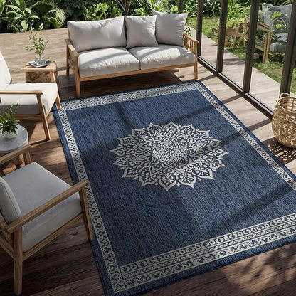CAMILSON Outdoor Rug 6x9 Medallion Blue Modern Area Rugs for Indoor and Outdoor Patios Kitchen and Hallway Mats Washable Porch Deck Outside Carpet (Medallion Blue 6 x 9)