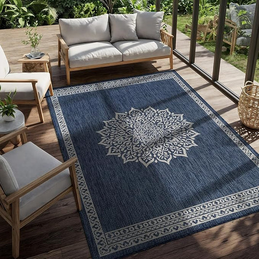 CAMILSON Outdoor Rug 6x9 Medallion Blue Modern Area Rugs for Indoor and Outdoor Patios Kitchen and Hallway Mats Washable Porch Deck Outside Carpet (Medallion Blue 6 x 9)