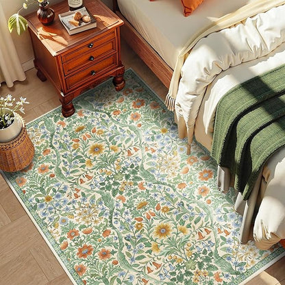 4x6 Grass Green Floral Boho Area Rug,Low-Pile Stain Resistant Non-Slip Machine Washable Carpet for Living Room,Bedroom, Kitchen,Entryway,Dining Room, Nursery
