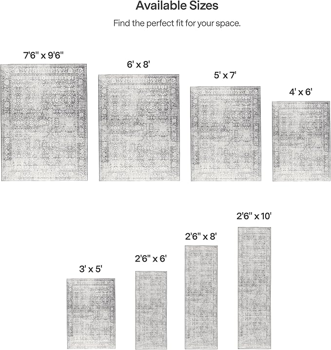 ReaLife Rugs Machine Washable Area Rug - Living Room Bedroom Bathroom Kitchen Entryway Office - Padded Low Pile Stain Resistant Premium - Boho Farmhouse Vintage - Noor - Silver Ivory 5' x 7'
