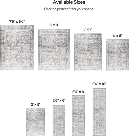 ReaLife Rugs Machine Washable Area Rug - Living Room Bedroom Bathroom Kitchen Entryway Office - Padded Low Pile Stain Resistant Premium - Boho Farmhouse Vintage - Noor - Silver Ivory 5' x 7'