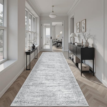 Runner Rug 2'6" x 12' Washable Non-Slip Runner Rugs for Kitchen Bathroom Laundry Room Vintage Ultra Thin Runners for Hallway Entryway Grey