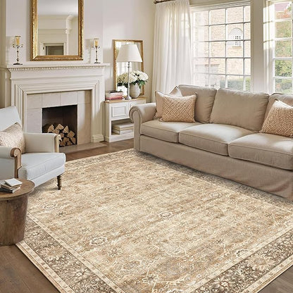 9x12 Washable Area Rug Beige Vintage Rug for Living Room Bedroom Low Pile Soft Non-Slip Boho Rug for Under Table Boho Distressed Retro Carpet for Bedroom Kitchen Office Dining
