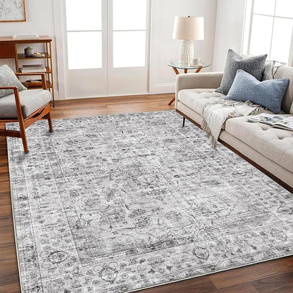 Washable Area Rug 4'x6' Vintage Traditional Floor Cover Foldable Thin Rugs Retro Kitchen Indoor Distressed Non Slip Carpet Floral Print Mat Bedroom Living Room