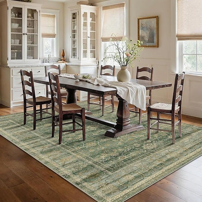 HelloTree Washable Rugs 6x9 Area Rug for Living Room, Vintage Boho Green Rug Non Slip Carpet Retro Accent Indoor Mat Print Distressed Low Pile Throw Large Rug for Office Bedside-Green