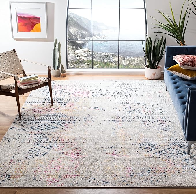 SAFAVIEH Area Rug 8x10 - Tulum Collection - Large - Ivory & Blue, Moroccan Boho Tribal Design, Non-Shedding & Easy to Clean, Ideal for Living Room, Bedroom, Dining Space (TUL272C)