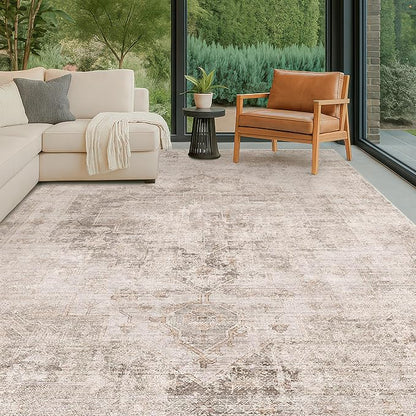 Distressed Farmhouse 5x7 Washable Rug for Living Room, Bedroom, Foyer, Under Dining Table, Neutral Abstract Medallion, Ultra Soft Faux Wool Non Slip Low Pile Stain Resistant, Beige & Brown