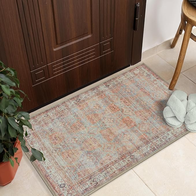 GLN Rugs Traditional Collection - Machine Washable Area Rug, Traditional Washable, Non Slip, Low Pile Chenille Rug, Living Room, Bedroom, Kitchen Rug (2' x 3' Terra/Multicolor 1153)