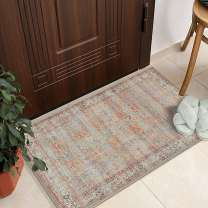 GLN Rugs Traditional Collection - Machine Washable Area Rug, Traditional Washable, Non Slip, Low Pile Chenille Rug, Living Room, Bedroom, Kitchen Rug (2' x 3' Terra/Multicolor 1153)