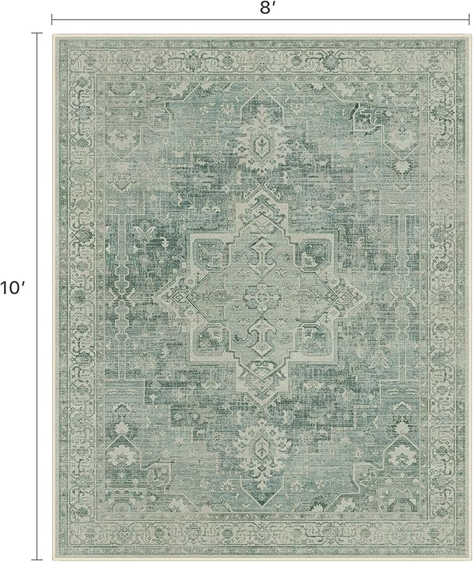 8x10 Area Rugs for Living Room, Machine Washable Non Slip Vintage Rugs, Low Pile Lightweigt Print Indoor Rug for Bedroom, Dining Room, Home Office, Green