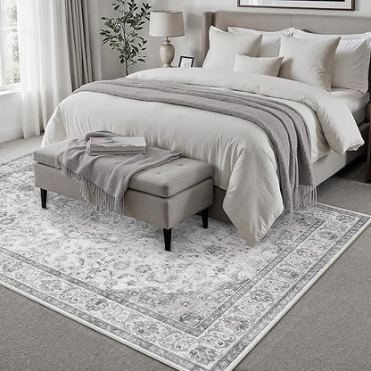 HUGEAR Area Rug 8x10 Vintage Grey Machine Washable Living Room Rugs Thin Neutral Floral Vacuumable Low Pile Carpet Bedroom Office Dining Room Laundry Room Non Slip Soft Lightweight
