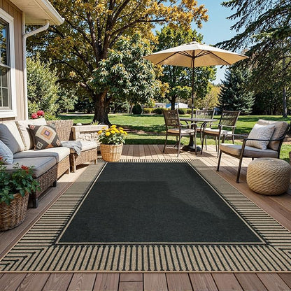 Moynesa Striped Border Easy Jute Outdoor Rug 8x10, Washable Indoor Outdoor Patio Area Rugs for Living Room Non Slip, Modern Classic Farmhouse Carpet for Dining Room Table, Black