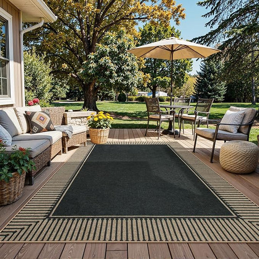 Moynesa Striped Border Easy Jute Outdoor Rug 8x10, Washable Indoor Outdoor Patio Area Rugs for Living Room Non Slip, Modern Classic Farmhouse Carpet for Dining Room Table, Black