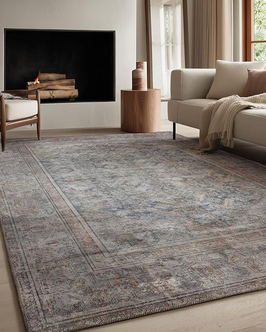 Kuden 9x12 Large Area Rug, Machine Washable Area Rug with Non-Slip Backing, Vintage Style, Soft, Easy Clean, Low Pile Rug for Living Room, Bedroom, Dining Room