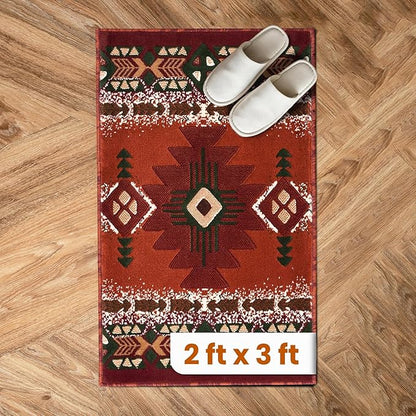 YHSF South West Native American Area Rug C318 - Easy Clean, Thick, Soft, Durable Native Tribal American Indian Inspired Rug for Bedroom/Living Room and More - Rust, 2 Feet x 3 Feet 4 Inches