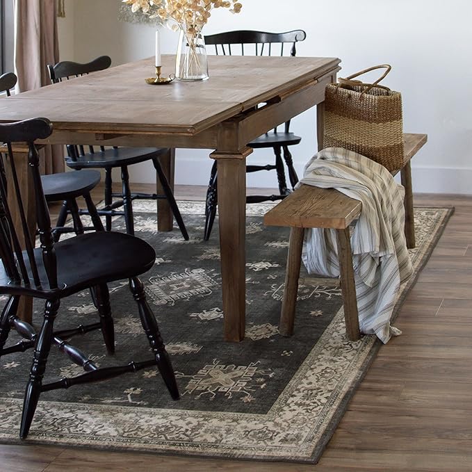 RUGGABLE Washable Vintage Area Rug – Verena Dark Wood 6x9, Stain-Resistant, Non-Slip – Medium Machine Washable Rugs for Living Room, Bedroom, Hallway, Entryway & Office–with Cushioned Pad
