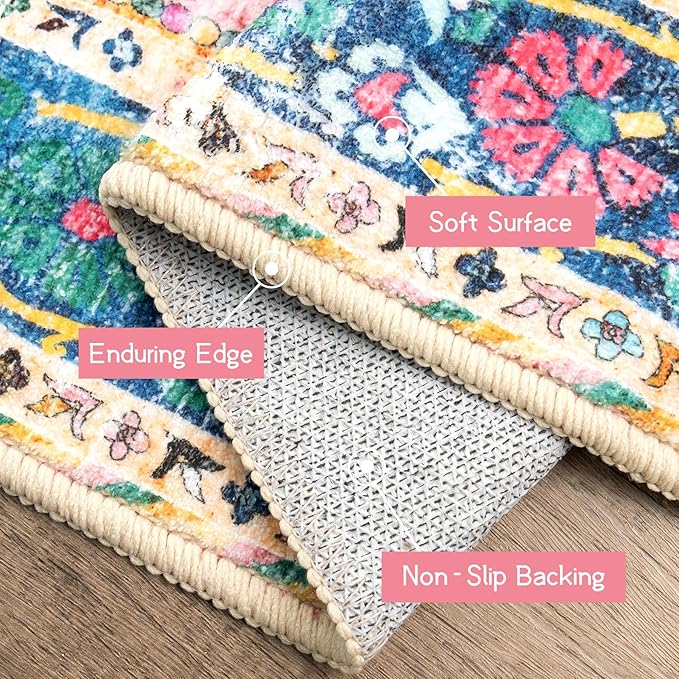 5x7 Area Rugs Pink Boho Rug for Living Room Vintage Rug Non-Slip Washable Low Pile Foldable Large Rugs for Bedroom Dining Room Indoor Floor Carpet
