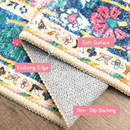 Area Rug 4x6.5 Pink Boho Rug Washable Vintage Rug for Kitchen Living Room Bedroom Bathroom Office Low Pile Non Slip Indoor Floor Carpet