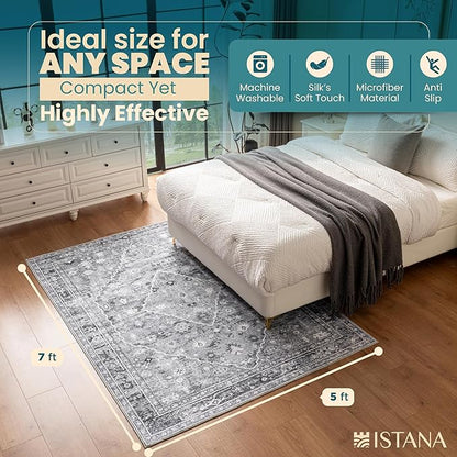 Istana 5x7 Area Rug - Grey Rugs for Living Room 5x7 - Foldable Rugs for Bedroom - Stain Resistant Washable Rug - Eco-Friendly Boho Area Rugs - Easy to Clean Living Room Rug