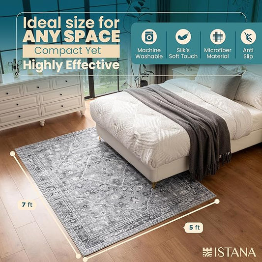 Istana 5x7 Area Rug - Grey Rugs for Living Room 5x7 - Foldable Rugs for Bedroom - Stain Resistant Washable Rug - Eco-Friendly Boho Area Rugs - Easy to Clean Living Room Rug