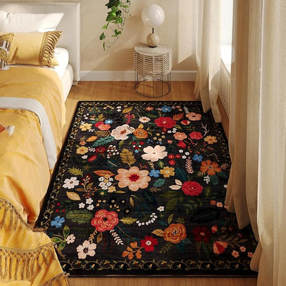 Rugcomf Bedroom Rug 3x5 Rug Washable Area Rug Non Slip Low Pile Boho Floral Small Carpet for Bedroom, Bedside, Kitchen, Entryway, Kids Room, Office, College Dorm Essentials for Girls(Black)