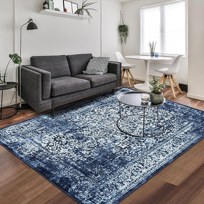 vivorug 5x7 Area Rugs, Stain Resistant Washable Rug for Living Room, Vintage-Inspired (Navy Blue, 5'x7')