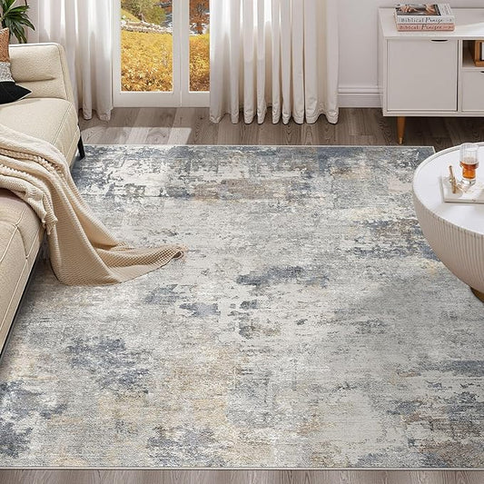 Square Area Rugs : Washable 8x8 Neutral Modern Abstract Carpet for Living Room Bedroom - Soft Floor Mat with Non Slip Backing for Kitchen Nursery Dorms Farmhouse Home Decor - Blue Grey