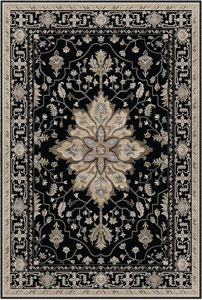 Area Rugs 4'x5' Washable Non-Slip, Floral Vintage Distress Print Pattern Medallion Carpet for Living Room Bedroom Dining Room, Black Brown Neutral Dark Tan
