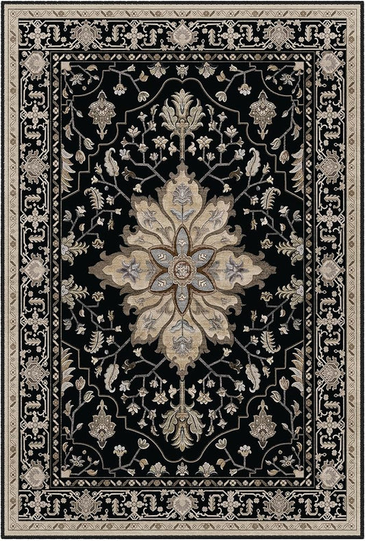 Area Rugs 4'x5' Washable Non-Slip, Floral Vintage Distress Print Pattern Medallion Carpet for Living Room Bedroom Dining Room, Black Brown Neutral Dark Tan