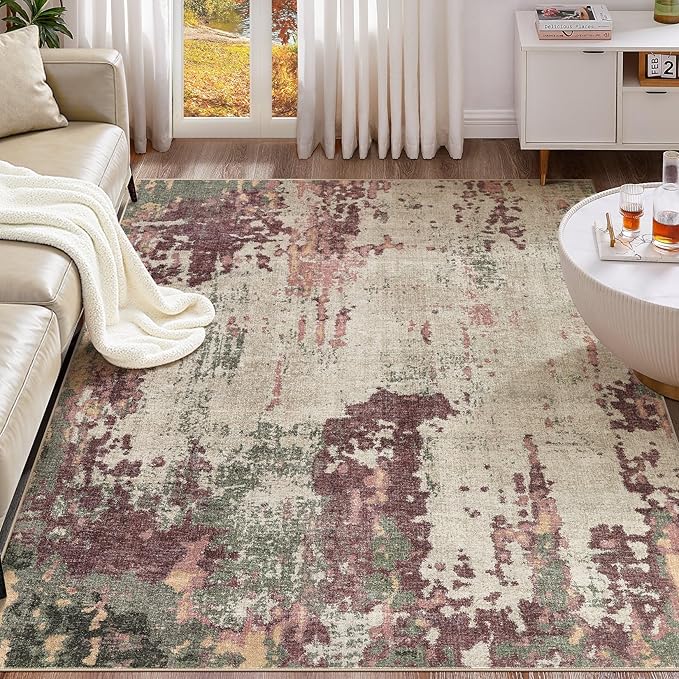 5x8 Area Rug Living Room Rugs - Washable Neutral Modern Abstract Soft Thin Rug Indoor Floor No Slip Rug Carpet for Bedroom Under Dining Table Home Office Decor - Purple/Green/Beige