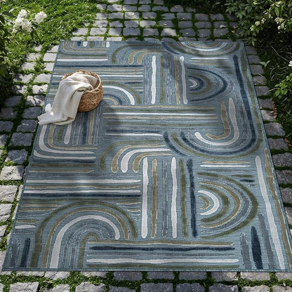 CAMILSON Indoor Outdoor Rug, Aqua 5x7 Geometric Arch Striped Area Rugs for Patio and Home Areas, Easy-Cleaning Non-Shedding Living Room, Garden and Deck Washable Outside Carpet (5 x 7)