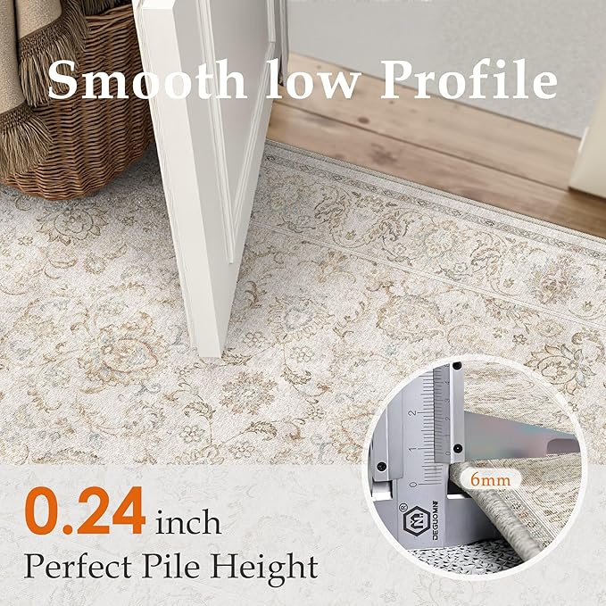 HUGEAR 5x7 Machine Washable Area Rugs Vintage Grey - Neutral Living Room Bedroom Rug Non Slip Stain Resistant Low Pile Aesthetic Throw Carpet Kids & Pet Friendly