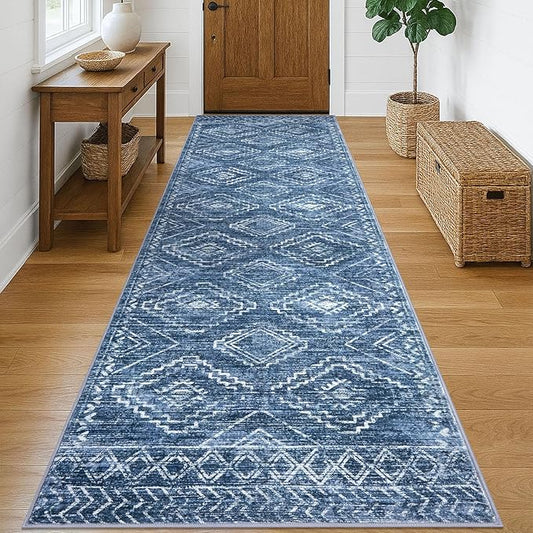 KILOCOCO Hallway Runner Rug 3x10 Runners for Hallways Washable Runner Rug Non Slip Rubber Backed Low-Pile Runners for Bedroom Kitchen Living Room Laundry Room Boho Rugs, Stonewashed Blue