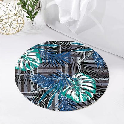 Round Area Rug 3.3ft - Abstract Palm Leaf Pattern, Non-Slip Machine Washable Low Pile Carpet for Bathroom, Living Room, Bedroom, Entryway, Durable Indoor Floor Mat
