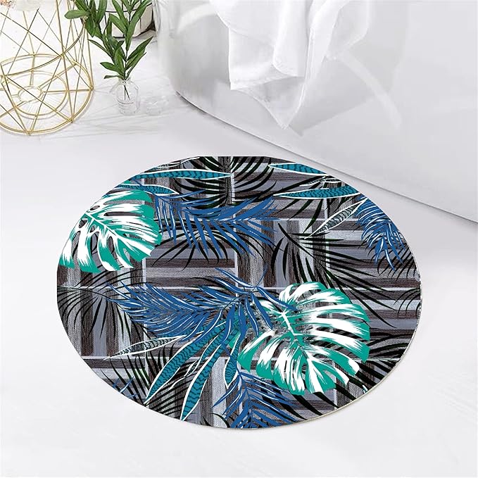 Round Area Rug 4ft - Abstract Palm Leaf Pattern, Non-Slip Machine Washable Low Pile Carpet for Bathroom, Living Room, Bedroom, Entryway, Durable Indoor Floor Mat