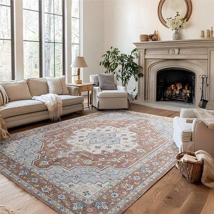 Bedsure 8x10 Area Rugs for Living Room, Machine Washable Rugs, Non-Slip Backing, Non-Shedding, Vintage Low Pile Easy Care Throw Carpet for Bedroom Dining Room, Taupe