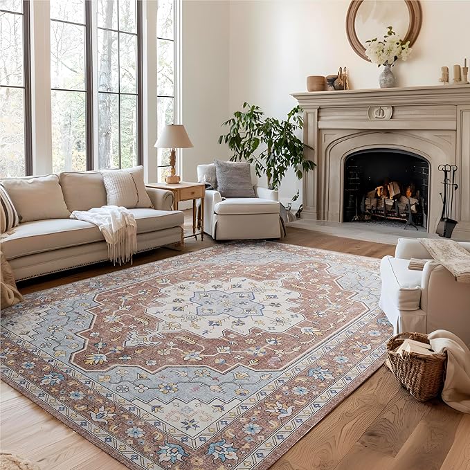 Bedsure 3x5 Area Rugs for Living Room, Machine Washable Rugs, Non-Slip Backing, Non-Shedding, Vintage Low Pile Easy Care Throw Carpet for Bedroom Dining Room, Taupe