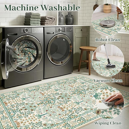 6x9 Area Rugs Living Room Rug - Floral Vintage Morris-Inspired Washable Carpet, Low Pile Non-Shedding Stain Resistance Boho Soft Carpet for Bedroom, Dining Room, Office, Farmhouse (6'x9' Beige Green)