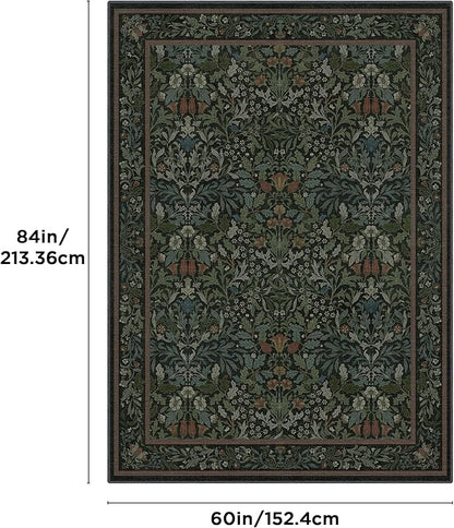 Bavni Floral Dark Green Area Rugs 5x7, Vintage Boho Carpet Machine Washable, Non Slip Soft Low Pile Thin Rug for Bedroom, Living Room, Dining Room, Nursery