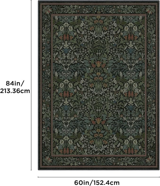 Bavni Floral Dark Green Area Rugs 5x7, Vintage Boho Carpet Machine Washable, Non Slip Soft Low Pile Thin Rug for Bedroom, Living Room, Dining Room, Nursery