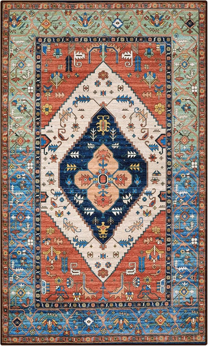 Lahome Boho 3x5 Washable Area Rugs, Small Non-Slip Bedroom Carpet Throw Low-Pile Rugs for Entryway Kitchen, Oriental Distressed Carpet for Bathroom Office Laundry Living Room, Rust