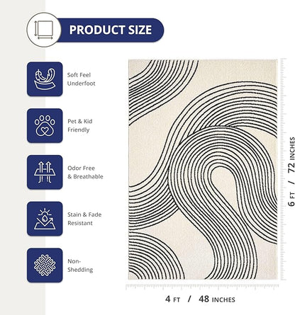 Abani Nuevo Beige Black Swirls Modern Area Rug 4' x 6' for Living Room, Bedroom - Abstract Design - Durable & Easy to Clean