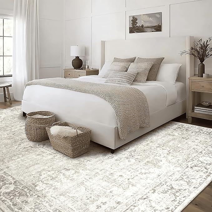 ReaLife Rugs Machine Washable Area Rug - Living Room Bedroom Bathroom Kitchen Entryway Office - Padded Low Pile Stain Resistant Premium - Boho Farmhouse Vintage - Lyle - Beige Ivory 5' x 7'