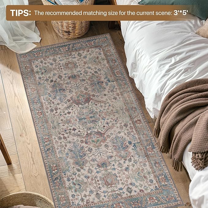 Bavni Runner Rug, Machine Washable Rugs for Bedroom 2x5, Non Slip Boho Rugs with Rubber Backing, Ultra-Thin Folable Rug Runner for Hallways Bathroom, Blue/Ivory