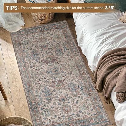 Bavni Runner Rug, Machine Washable Rugs for Bedroom 2x5, Non Slip Boho Rugs with Rubber Backing, Ultra-Thin Folable Rug Runner for Hallways Bathroom, Blue/Ivory